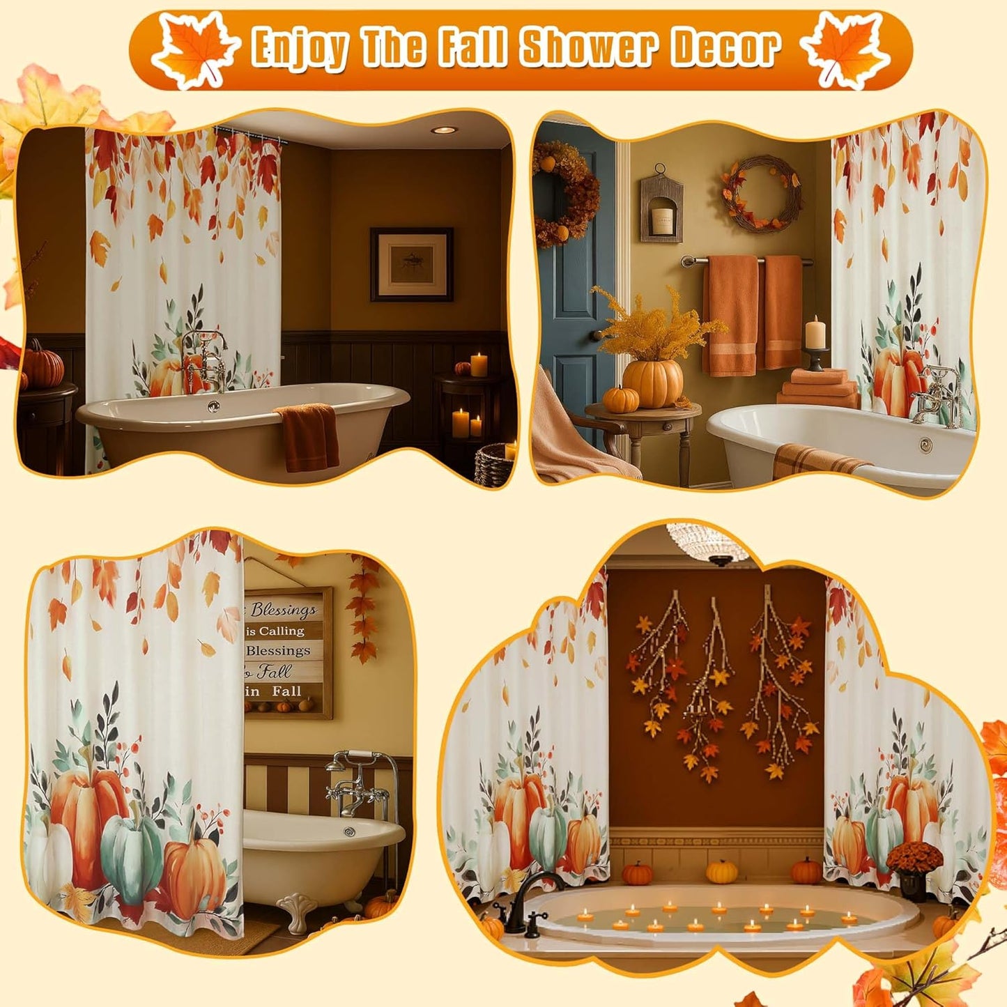 Fall Thanksgiving Shower Curtain, Waterproof Printed Harvest Autumn Floral Pumpkin Bathroom Curtain Decor, Farmhouse Halloween Shower Curtains for Bathroom, 72X72 Inch
