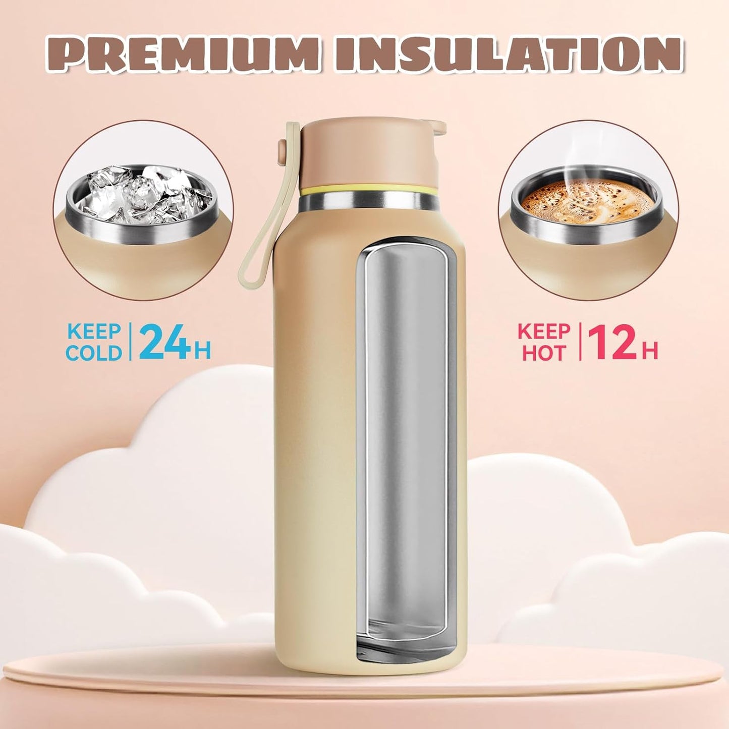 12Oz Kids Water Bottle for School Boys&Girls, Toddler Cup, 304 Stainless Steel Sport Insulated Water Bottle with Straws, Bpa-Free, Gradient Brown