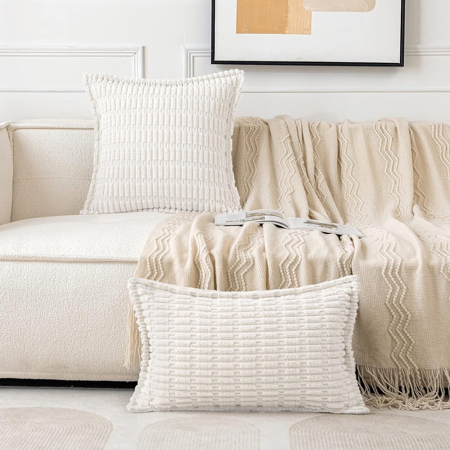 Pure White Corduroy Decorative Throw Pillow Covers Pack of 2 Soft Striped Pillows Pillowcases with Broad Edge Modern Winter Cute Boho Home Decor for Couch Sofa Bed 18X18 Inch