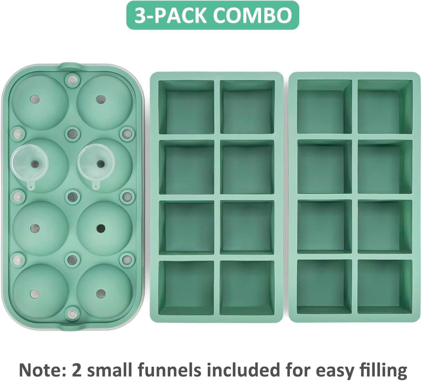Silicone Ice Cube Tray with Lid, 3 Pack, 2 Large Ice Cube Molds, 1 Ice Ball Maker Mold 2Inch for Whiskey, Cocktail, Stackable and Easy Release, BPA Free, Freezer Dishwasher Safe, Mint Green