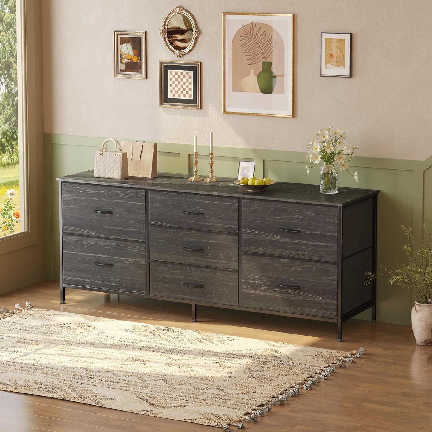 Elegant Charcoal Black Wood Grain Dresser and TV Stand Combo with 7 Drawers, Suitable for 43 to 60 Inch TVs