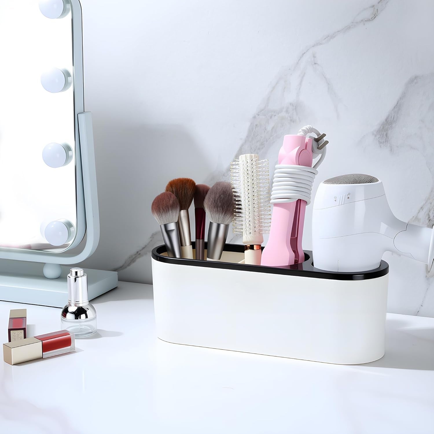 Self-Adhesive Hair Dryer Holder and 3-In-1 Hair Tool Organizer - Wall Mounted, Over Cabinet Door, and Free-Standing Options in White and Black