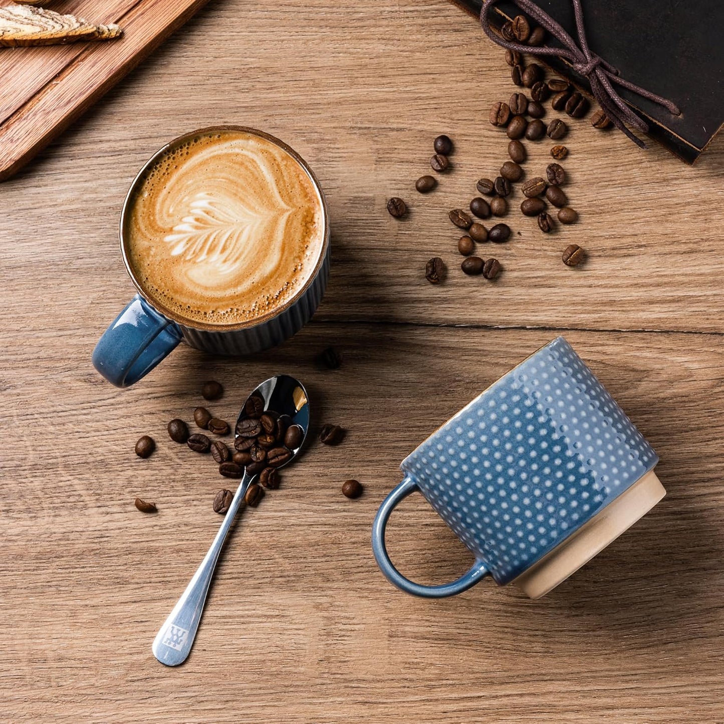 Stackable 12 OZ Ceramic Coffee Mugs Set of 4 with Textured Patterns, Dishwasher and Microwave Safe, Ideal for Lattes, Cappuccinos, and Cocoa
