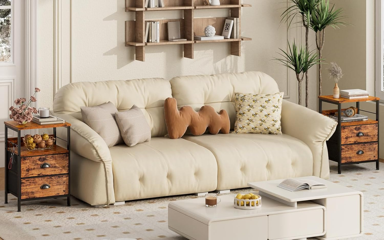 Nightstands Set 2, Bedside Table with 2 Fabric Drawers, End Table with Hooks and Shelf, Side Table for Bedroom/Living Room/Study/Hallway/Brown