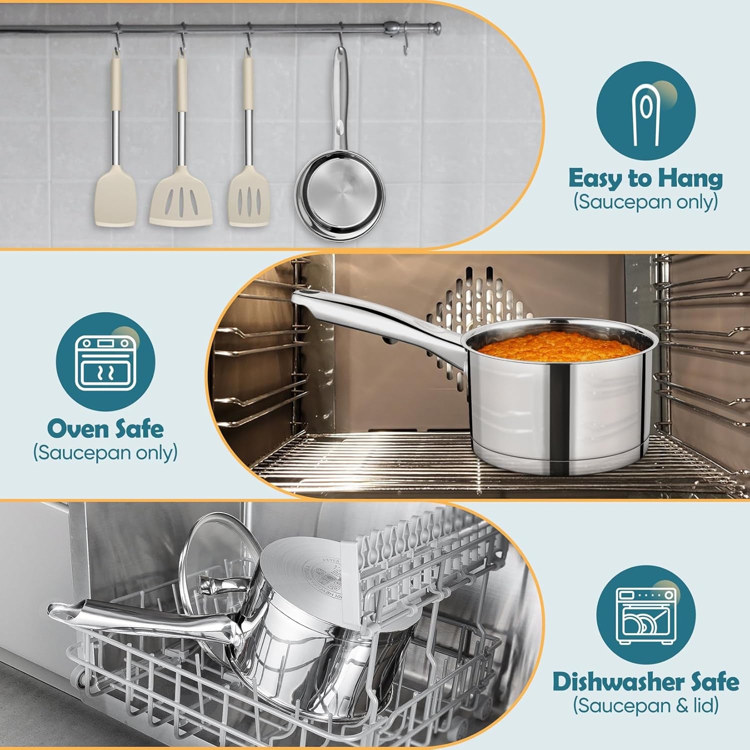 3 Quart Saucepan with Lid Set, Stainless Steel Small Cooking Pot Induction Sauce Pan for Pasta Soup, Ergonomic Handle & Tri-Ply Base, Dishwasher Safe, 1 Pan