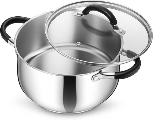Stainless Steel Stock Pot, 5 Qt Cooking Soup Pot with Visible Lid for Pasta, Tri-Ply Bottom & Dual Heatproof Handles, for Induction Gas All Stoves, Non-Toxic & Dishwasher Safe