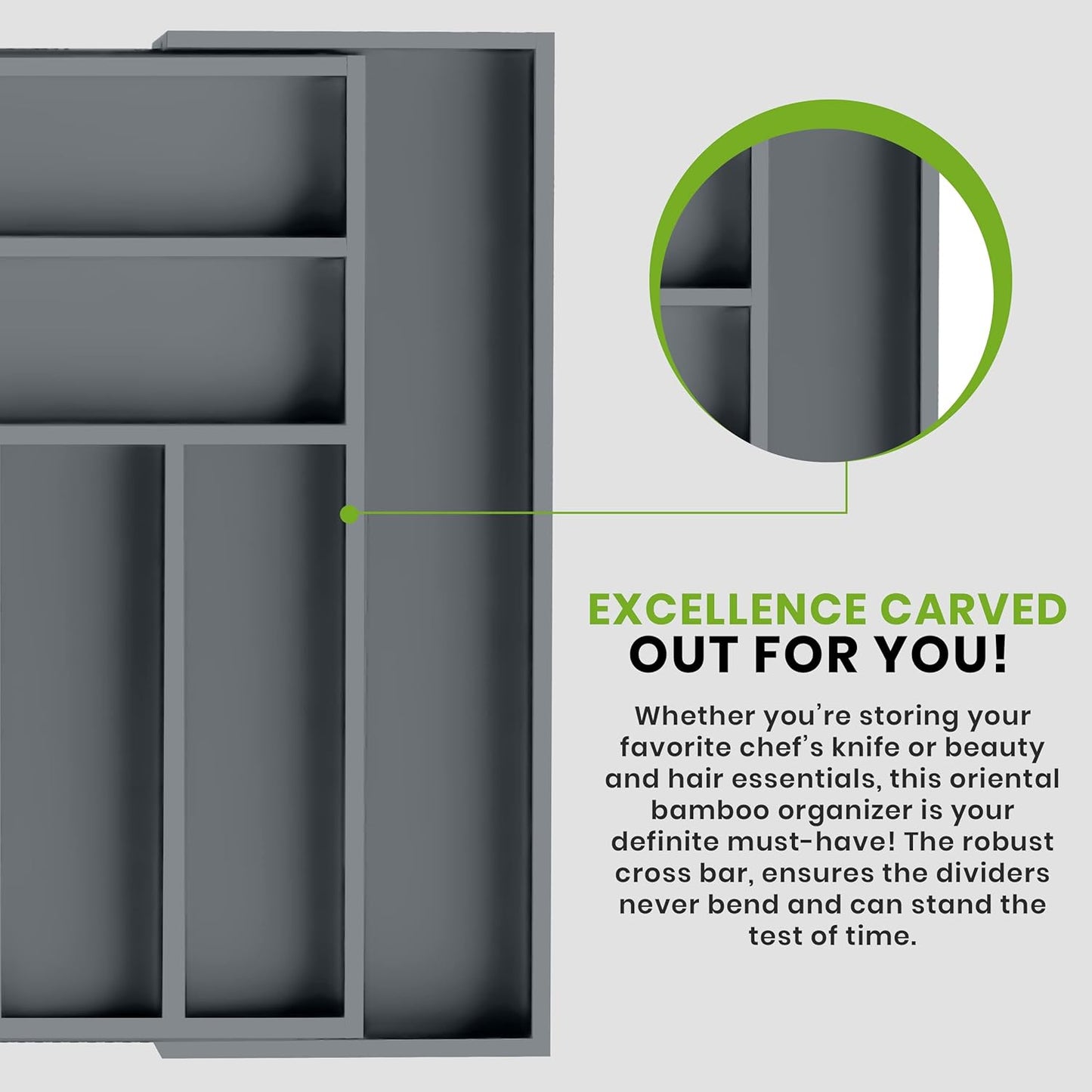 Expandable Bamboo Utensil Drawer Organizer, Silverware Organizer for Cutlery, Utensils, Flatware Holder (6-8 Slots, Grey) Pack of 1