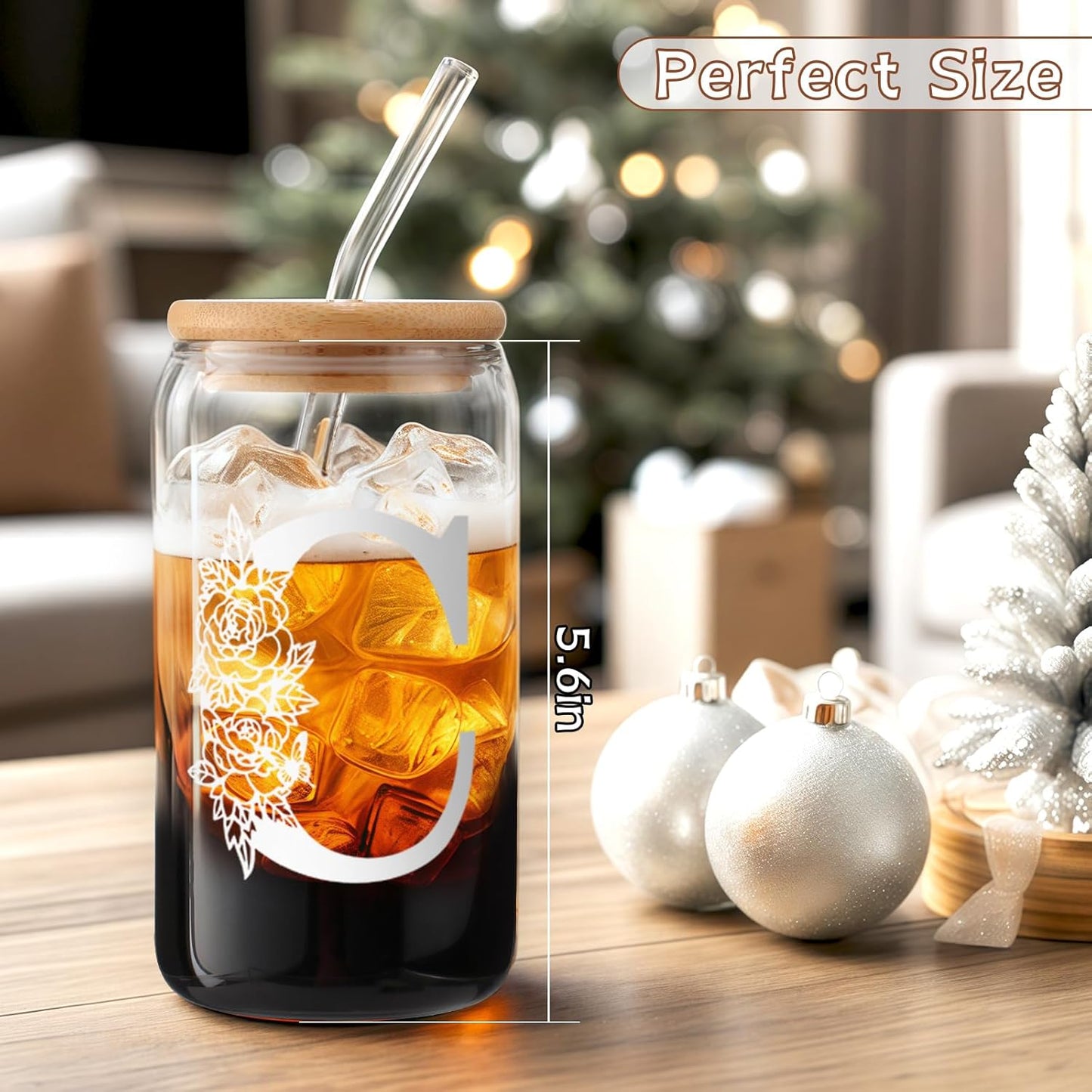 Gifts for Holidays,Birthday Gifts for Women,Personalized Initial Glass Cup as Iced Coffee Cups,Aesthetic Smoothie Cup Cute Beer Tumbler,16 Oz Glass Cups with Lids and Straws-C(1Psc)