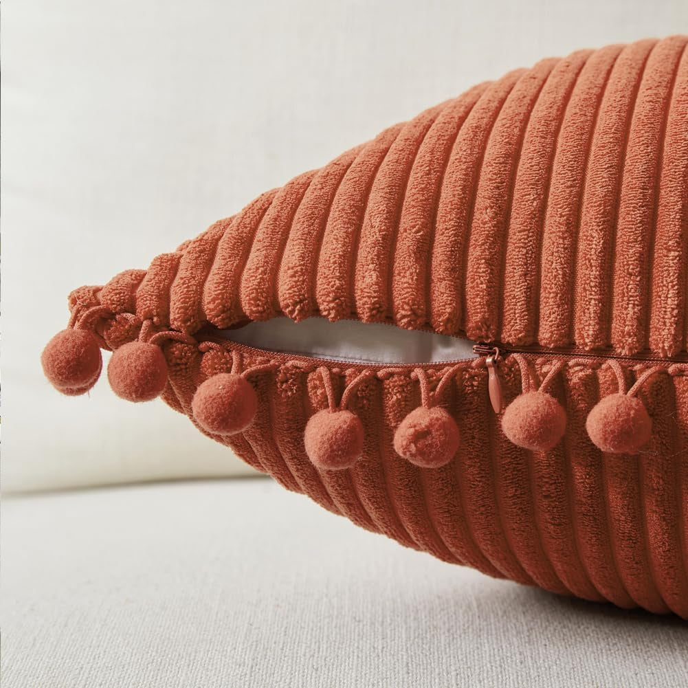 Pack of 2 Burnt Orange Decorative Throw Pillow Covers 18X18 Inch with Pom-Poms for Couch Bed Living Room Bedroom, Soft Corduroy Solid Square Cushion Case 45X45 Cm, Boho Fall Home Decor