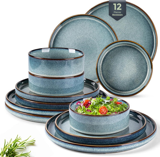 Ceramic Dinnerware Set for Four, 12-Piece Stoneware Plate and Bowl Collection, Reactive Glaze Finish - Scratch Resistant, Dishwasher and Microwave Safe