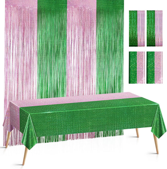 4-Pack Pink and Green Split Color Birthday Party Decorations, Including 2 Holographic Tablecloths and 2 Tinsel Curtains for Weddings, Bachelorette Parties, and Celebratory Events