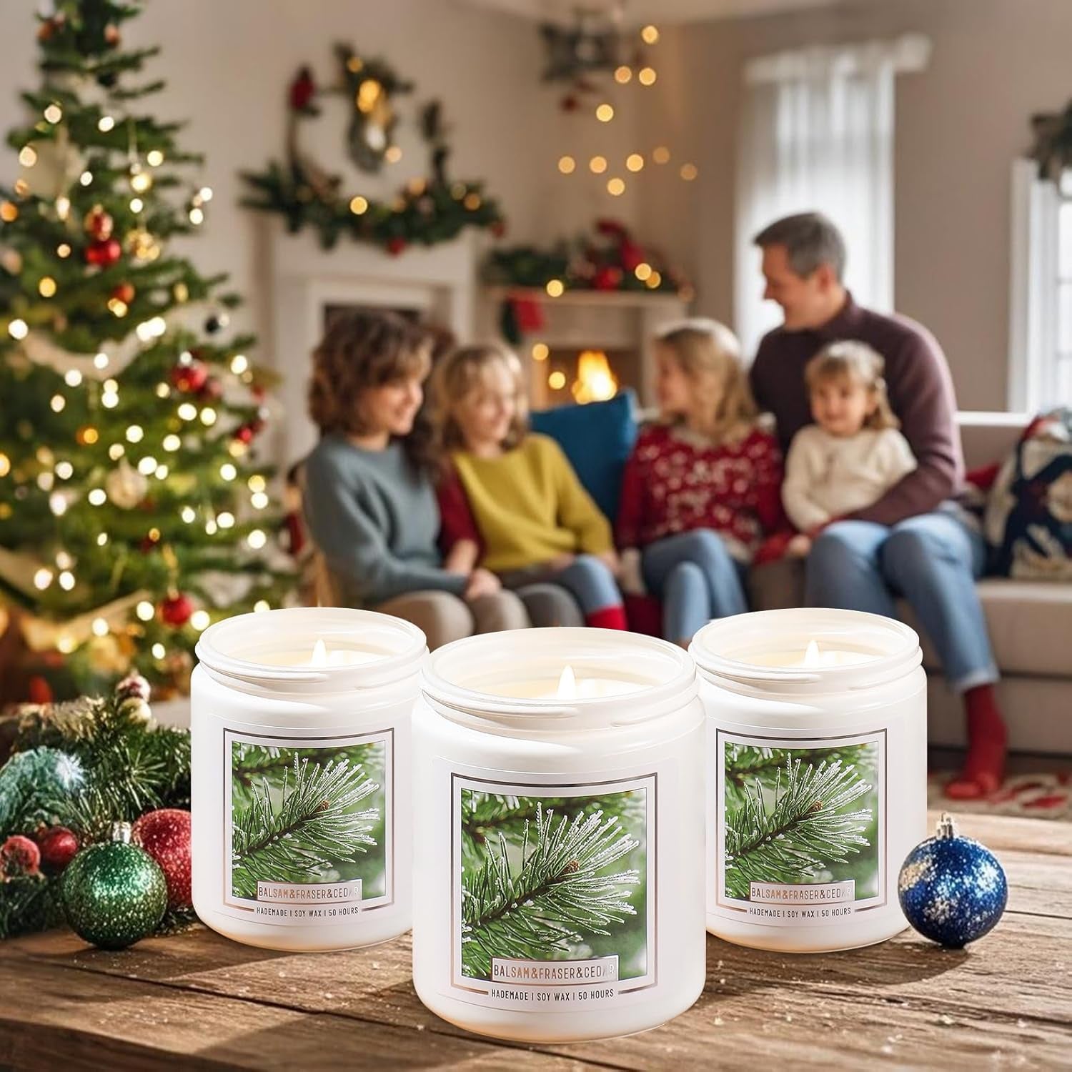 Balsam Pine Candle, Christmas Balsam Fir Candles Scented, 9Oz Holiday Candles with 50+ Hour Burn Time, Fir Cedar Tree Scent Gifts for Women