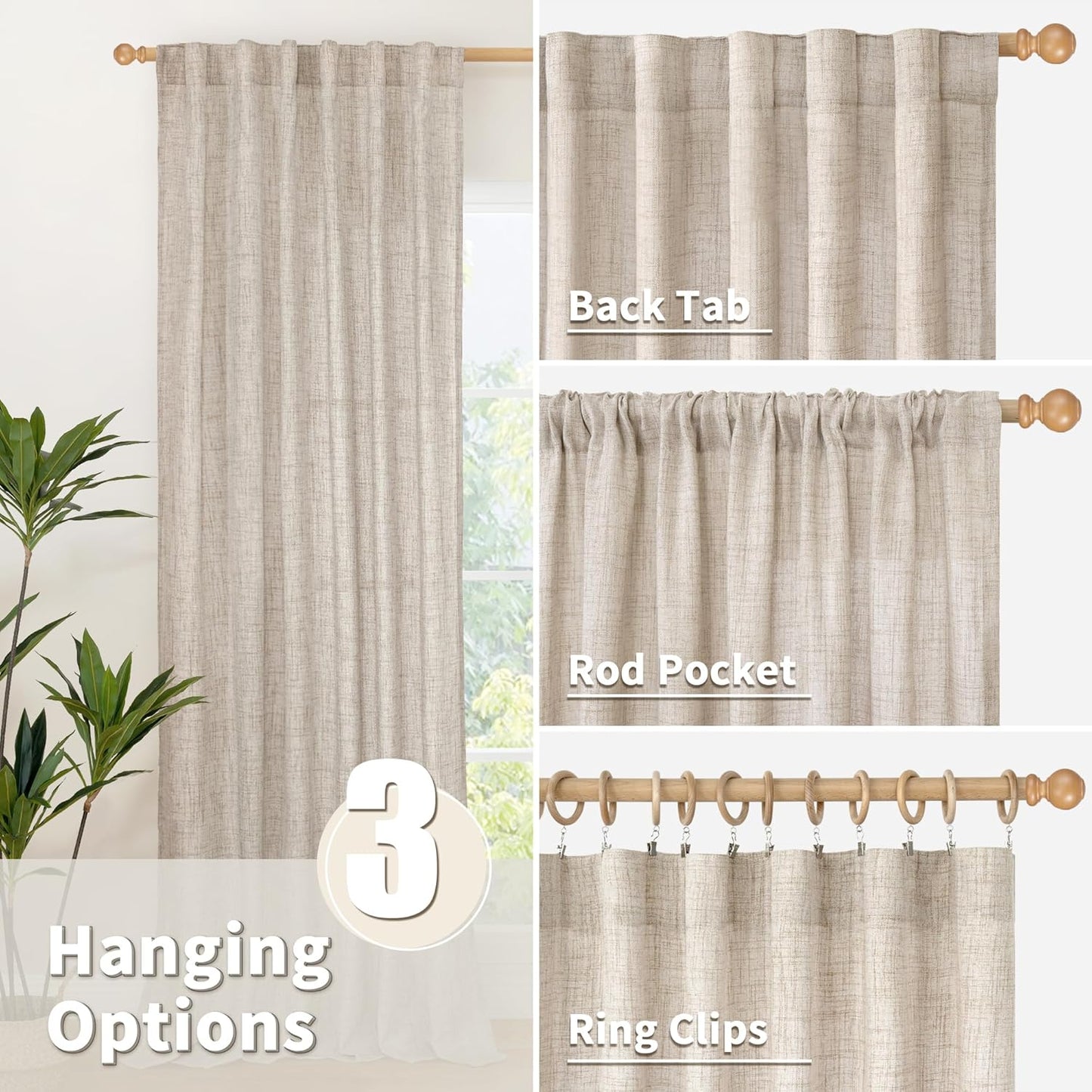 Linen Semi Sheer Curtains 72 Inch Length 2 Panels for Living Room - Light Filtering Drapes with Rod Pocket Back Tab Rustic Beige Window Treatments for Dining Bedroom, 52 X 72 Inch