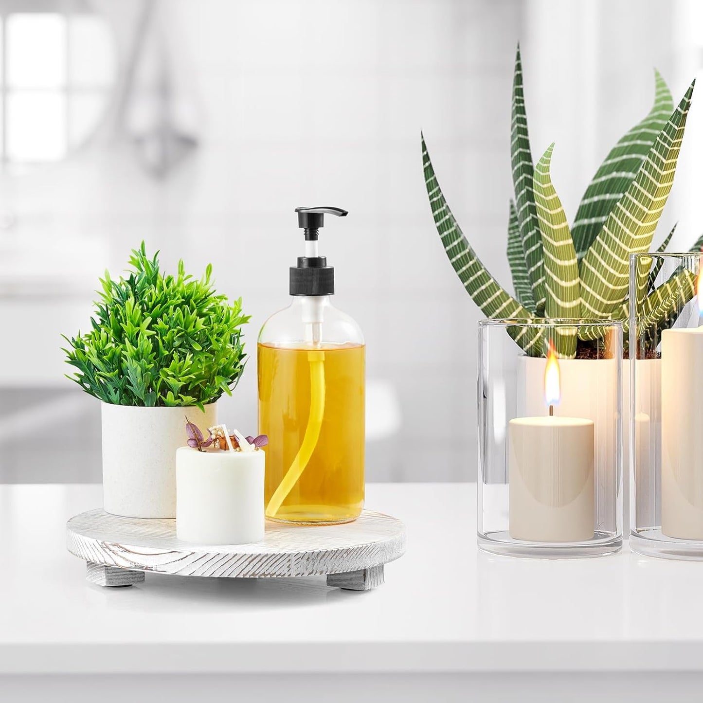 Round Wood Tray Farmhouse Bathroom Decor Pedestal Stand Decorative Kitchen Vanity Counter Sink Accessories Wooden Riser for Soap Dish, Perfume, Candle, Sponge, 9", Rustic White