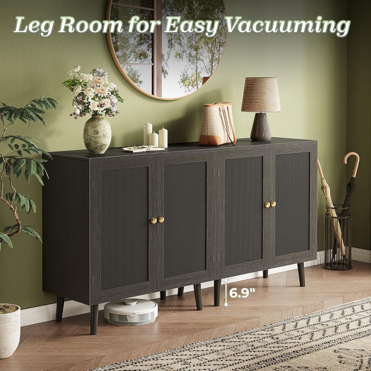 Elegant Buffet Cabinet with Storage, Featuring PE Rattan Decor Doors and Solid Wood Feet, Ideal for Hallway, Entryway, and Living Room, All Black Finish