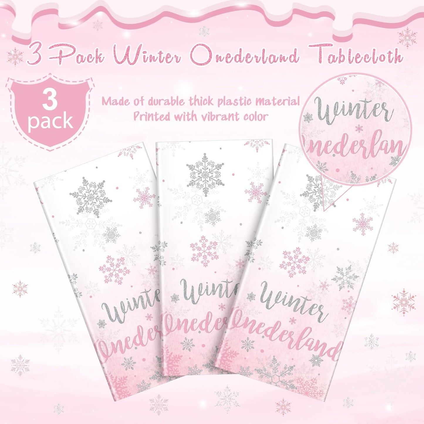 3 Pack Winter Onederland 1St Birthday Tablecloth, Disposable Pink and Silver Winter Snowflake Plastic Table Cover for Winter Onederland Girl Boy 1St Birthday Party Supplies Decorations, 54X108 Inch
