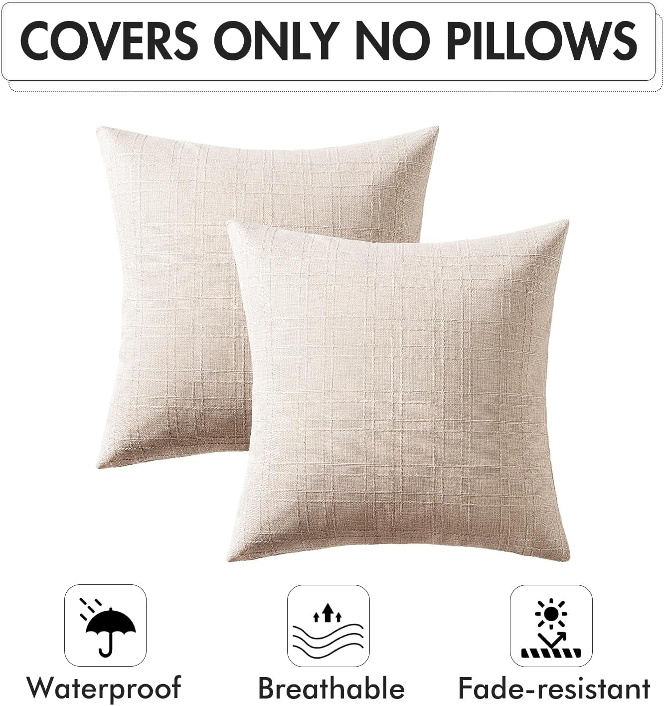 Outdoor Waterproof Throw Pillow Covers Decorative Farmhouse Water Resistant Cushion Covers for Tent Patio Garden Couch Sofa Pack of 2, 18X18 Inch Beige