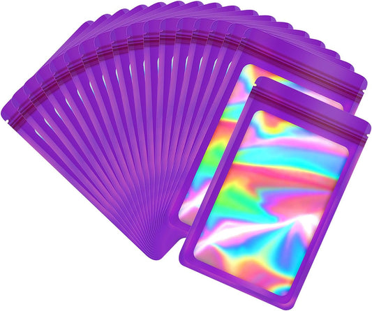 100-Pack 2×2 Inch Mylar Bags with Clear Window Holographic Resealable Sealable Packaging Zip Bag for Small Bussiness Jewelry Candy Sample Food Packing Supplies (Dark Purple)