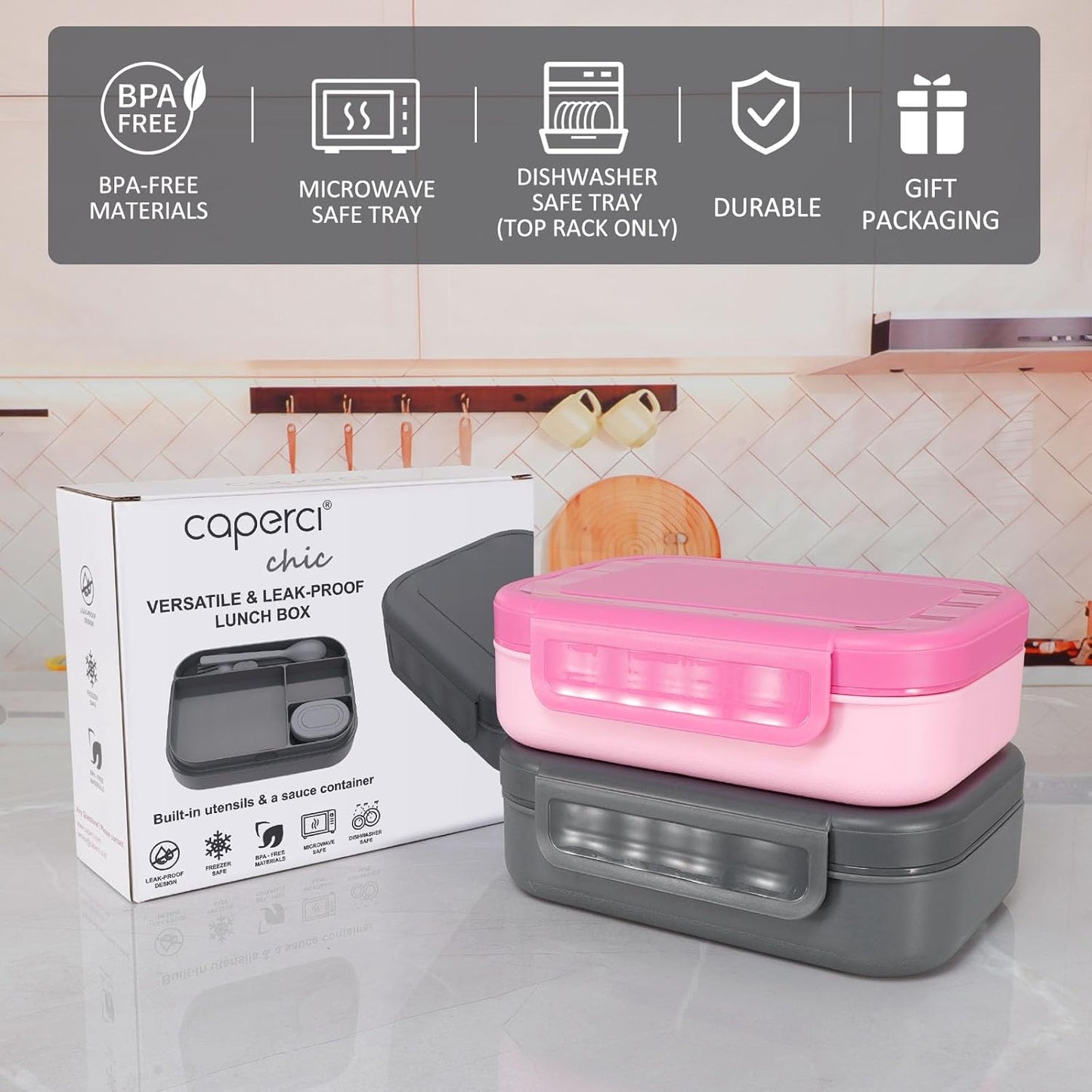 Stackable Bento Lunch Box for Adults and Teens - Durable Leak-Proof 4-Compartment Container with Utensils and Sauce Container, BPA-Free, Dishwasher and Microwave Safe, 47 Oz (Dark Gray)