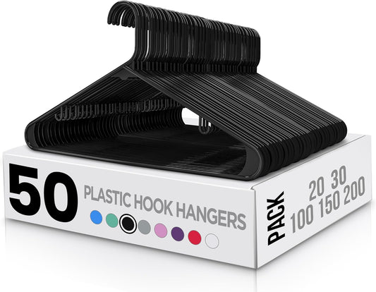 Plastic Hangers 50 Pack - Clothes Hanger with Hooks - Durable & Space Saving (Black)