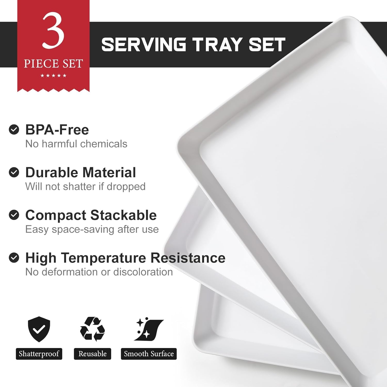 3 Pack, 16" X 11" Large White Serving Trays Set - Reusable Plastic Serving Platters for Cookie, Appetizer, Charcuterie, Snack, Dessert, Party Food Display - Stackable Kitchen Countertop Tray, BPA Free