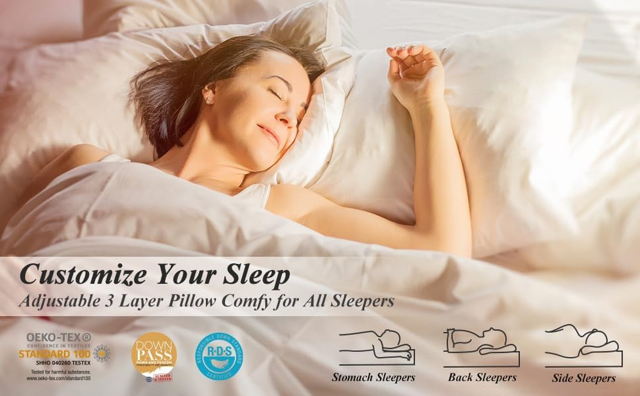 Adjustable Goose Feather Pillow with Organic Cotton Cover - Ideal for Side, Back, and Stomach Sleepers - Queen Size - Includes One Pillow