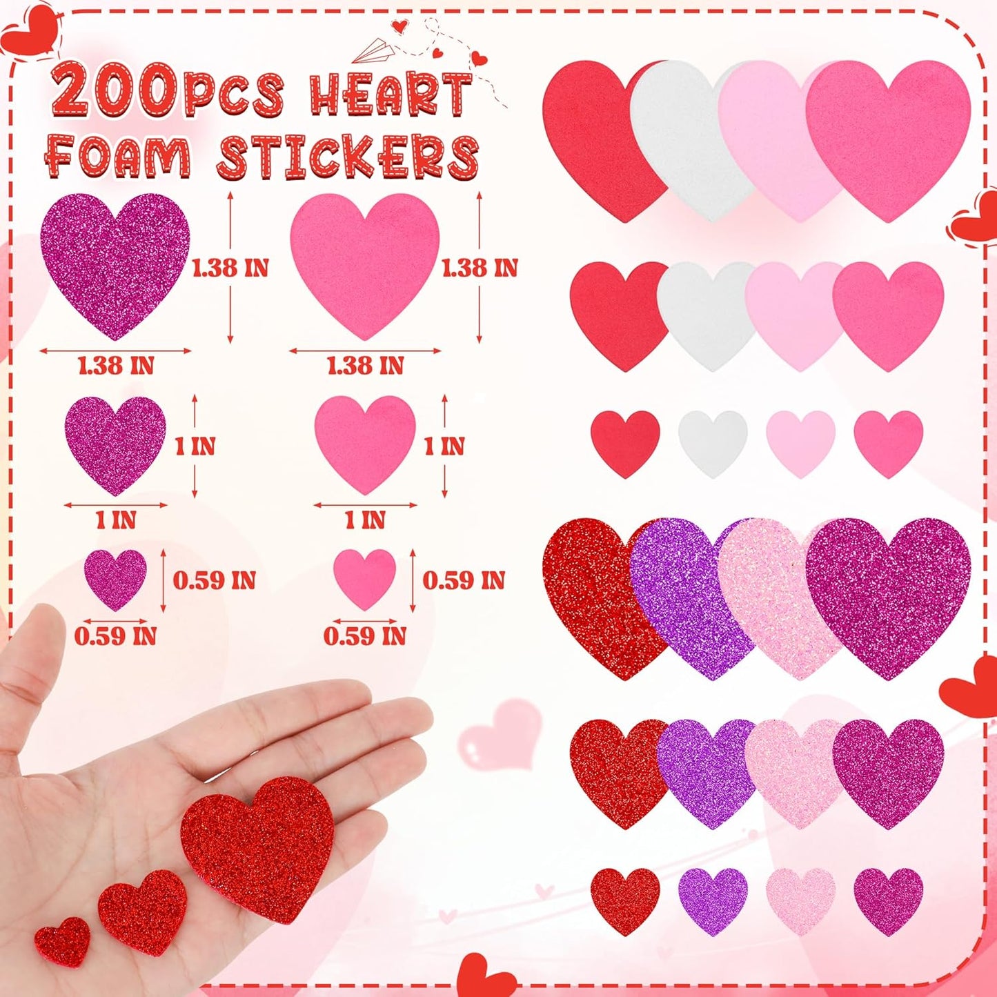 200 PCS Valentines Day Stickers, Foam Heart Valentine Decor, Self-Adhesive Foam Heart Stickers, 3 Sizes Foam Hearts for Crafts Glitter Foam Valentine Stickers for Envelop Invitations Card Making