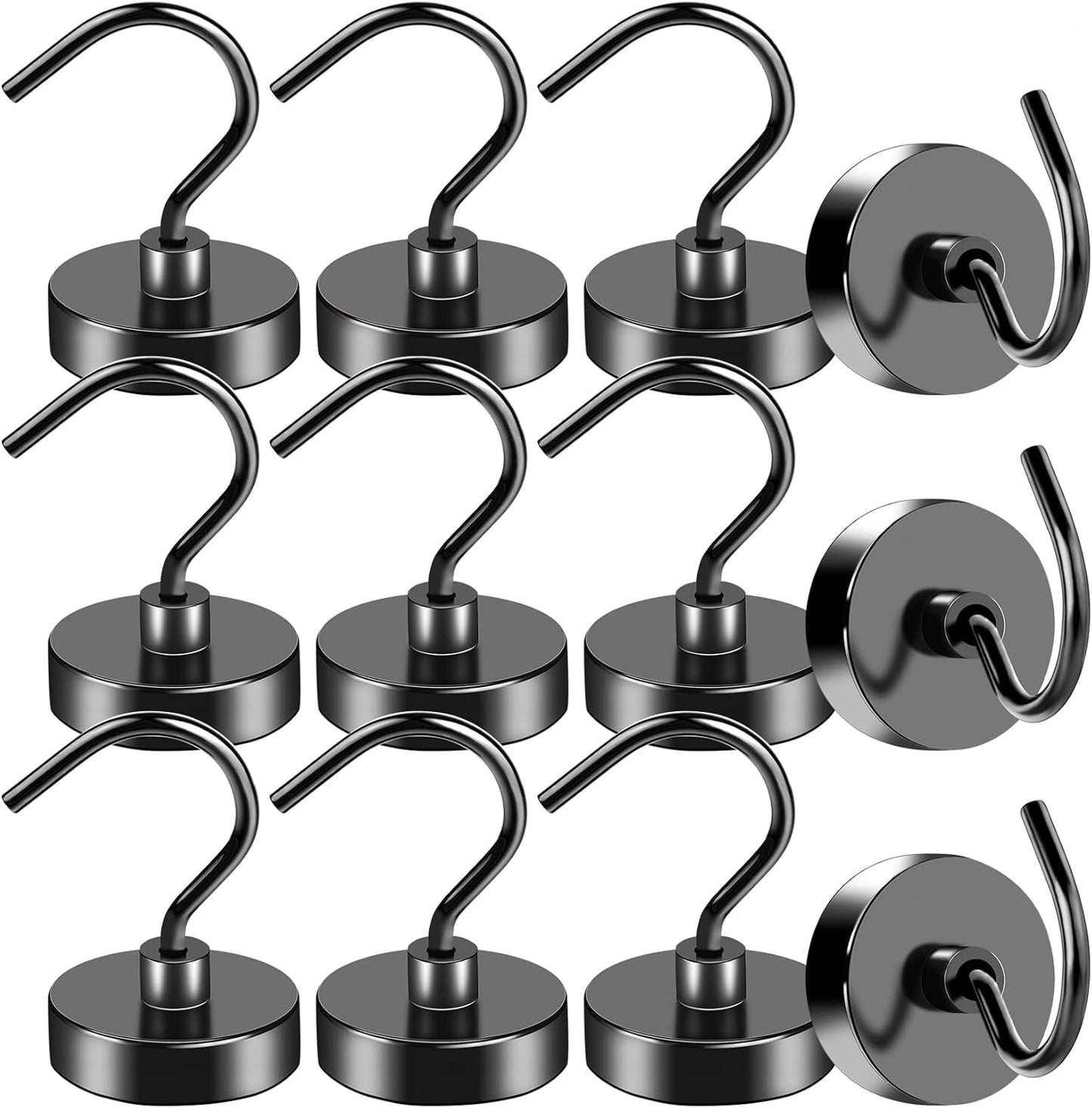 Heavy-Duty Magnetic Hooks - 12 Pack, 50LBS Capacity, Large Opening Neodymium Magnet Hooks for Versatile Hanging in Home, Office, and Workplace