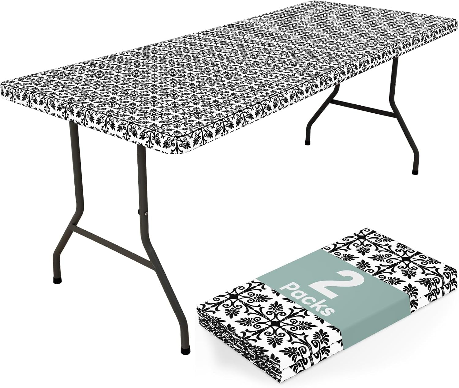 2 Pack 6 Foot Rectangle Picnic Tablecloth, Elastic Fitted Waterproof Table Cover, Windproof Washable Polyester Table Cloth for Camping, Indoor and Outdoor (Black, 30" X 72")