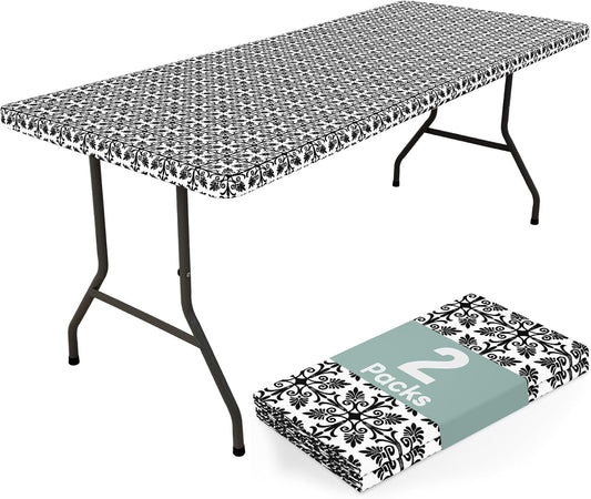 2 Pack 6 Foot Rectangle Picnic Tablecloth, Elastic Fitted Waterproof Table Cover, Windproof Washable Polyester Table Cloth for Camping, Indoor and Outdoor (Black, 30" X 72")