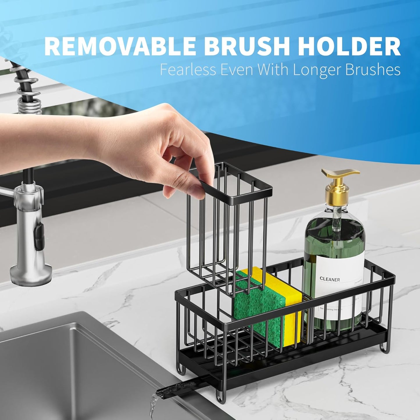 Black Sponge Holder for Kitchen Sink, Sink Caddy Organizer with High Brush Holder, Kitchen Countertop Organizers and Storage Essentials, Rustproof 304 Stainless Steel, Soap Dispenser Organize