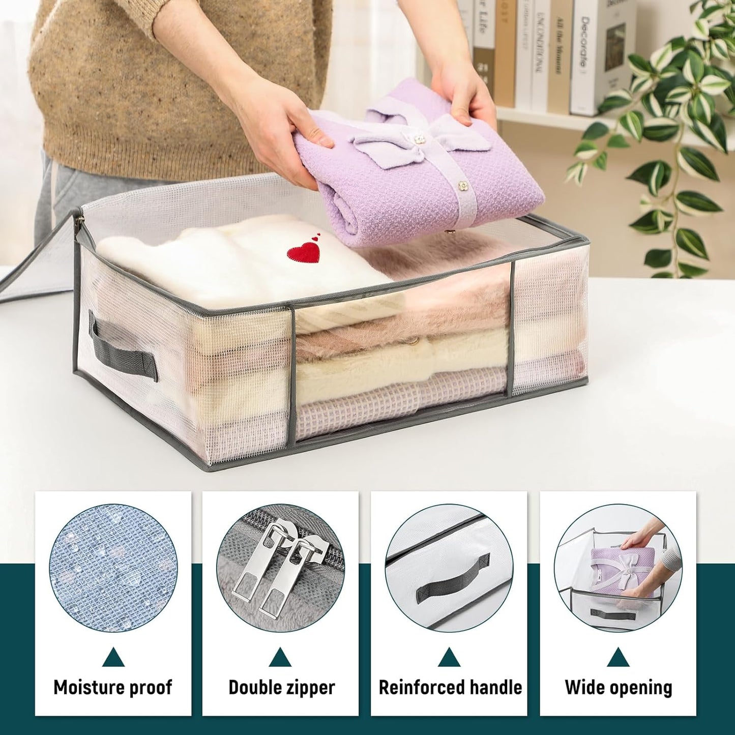 3-Pack Clothes Storage Bags, Plastic Foldable Blanket Storage Bins, Closet Organizer Container for Bedroom, Bedding, Comforters, Pillows, and Clothing - 35L with Handles