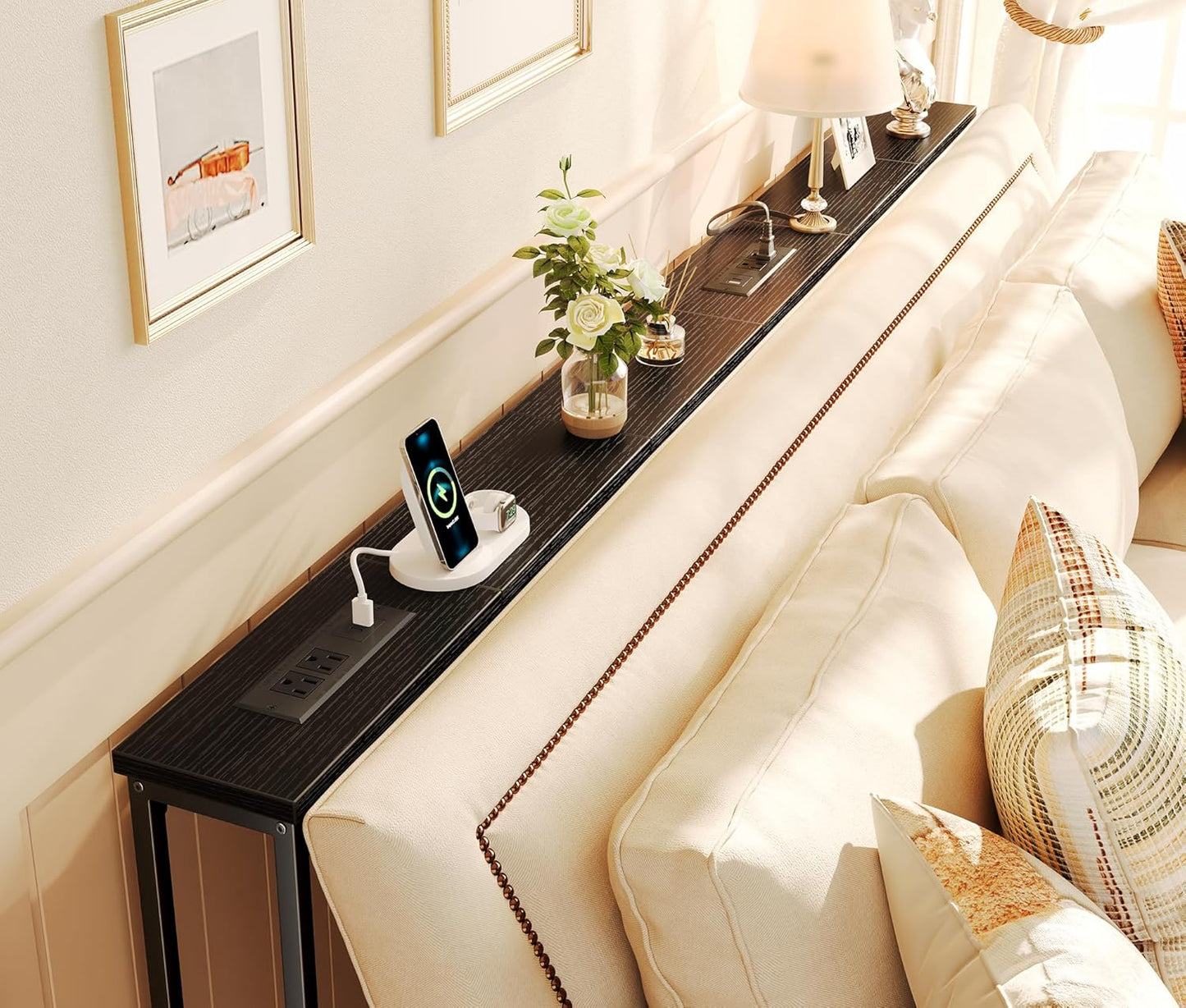 5.9-Inch Console Table with Integrated Outlet, Metal Frame Sofa Table for Living Room, Dimensions: 5.9 x 39.4 x 29.1 Inches, Black