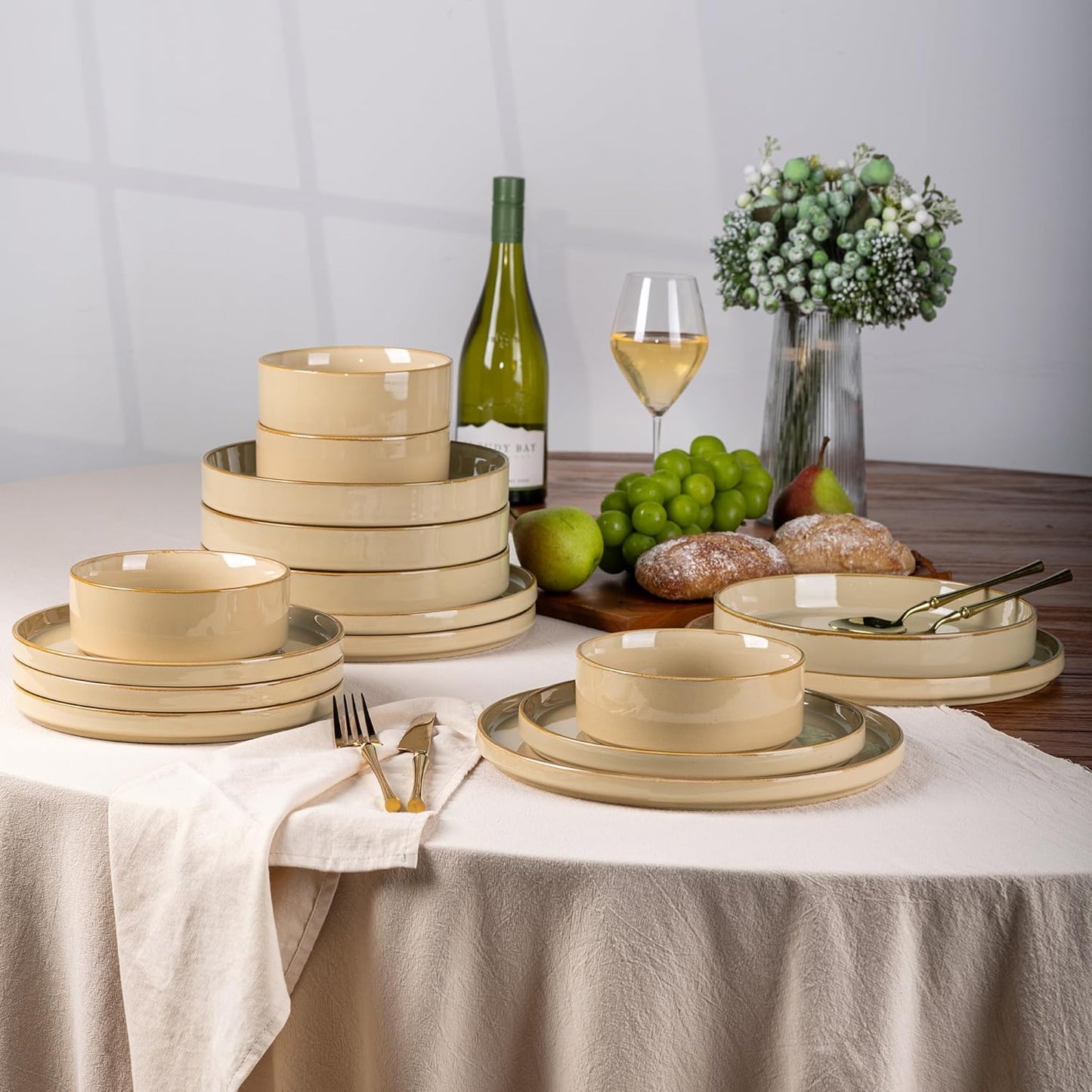 Large 9-Inch Ceramic Pasta Bowls Set of 4, 32 Oz Stoneware Serving Bowls for Kitchen Use, Versatile Wide Bowls for Fruit, Pasta, Salad, Oatmeal, Microwave Safe with Reactive Glaze in Warm Sand Finish