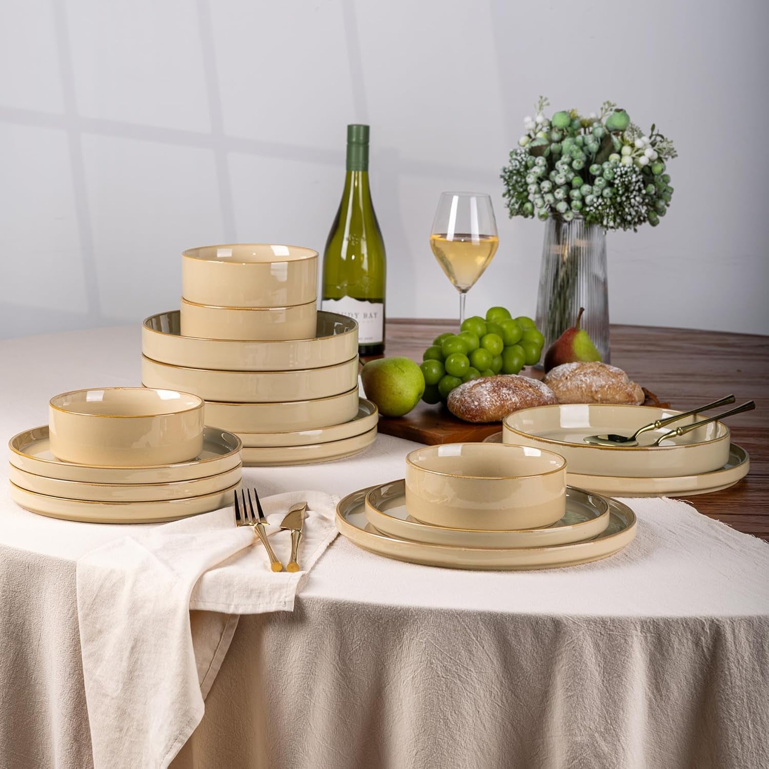 Large 9-Inch Ceramic Pasta Bowls Set of 4, 32 Oz Stoneware Serving Bowls for Kitchen Use, Versatile Wide Bowls for Fruit, Pasta, Salad, Oatmeal, Microwave Safe with Reactive Glaze in Warm Sand Finish