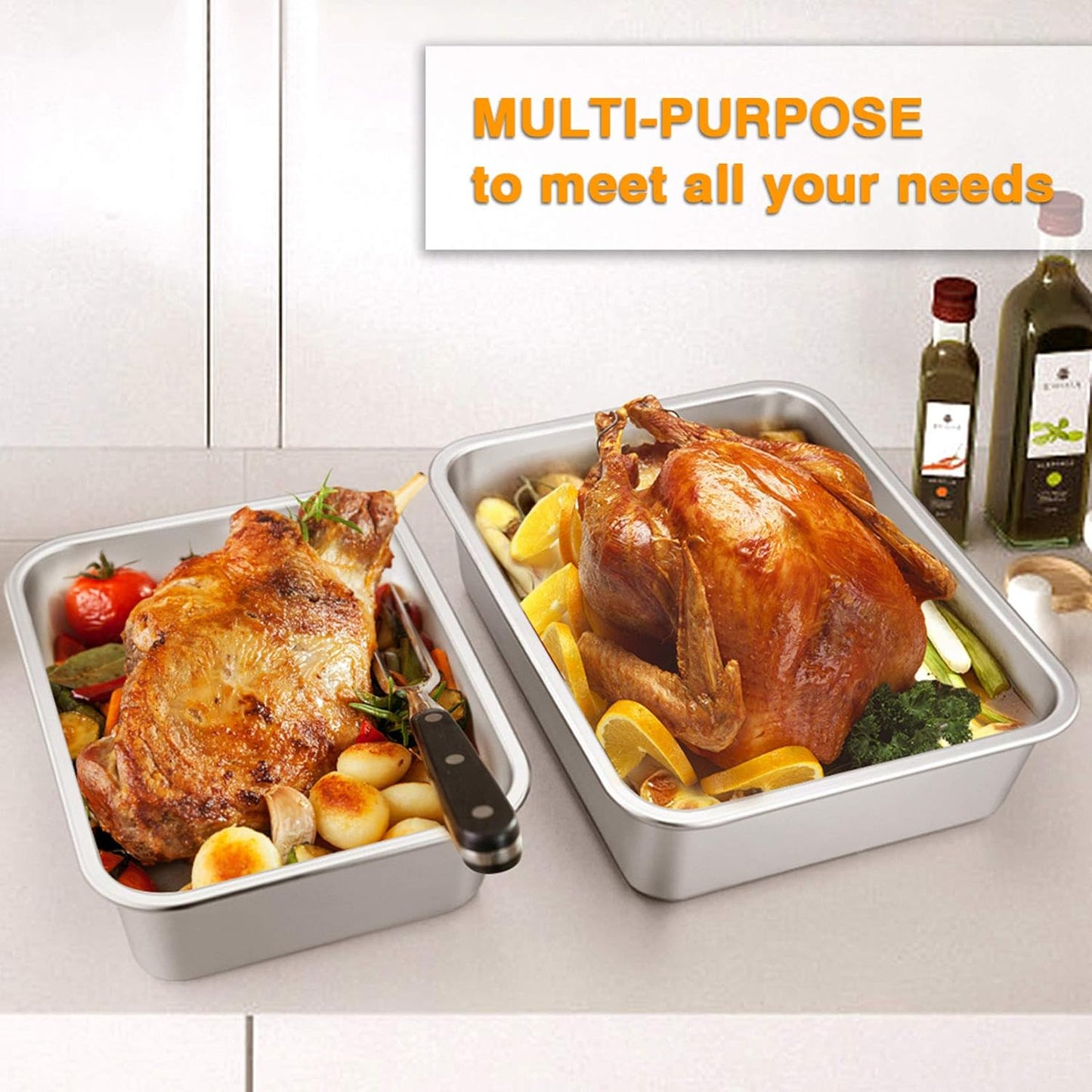 Lasagna Pan Set, Stainless Steel Rectangular Baking Pan for Brownie/Cake/Meat, Non-Toxic & Heavy Duty, Deep Side & Rolled Rim, Brushed Surface & Dishwasher Safe, 10.7" X 3.2" + 12.7" X 3.2"