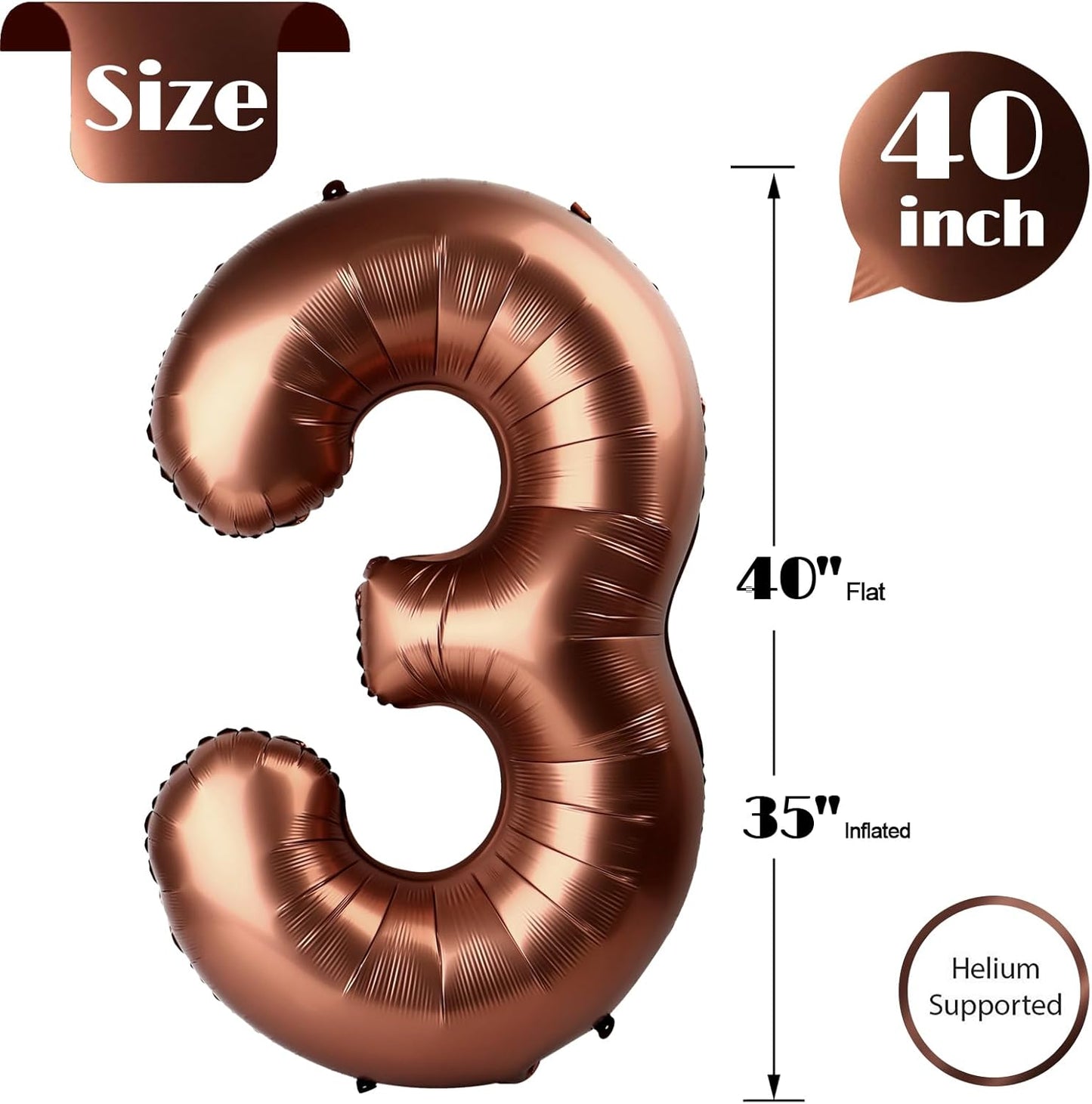 Coffee Brown Number 3 Balloon 40 Inch, 3 Balloon Number, 3Rd Birthday Decorations, Coffee Brown Party Supplies for Boys Girls