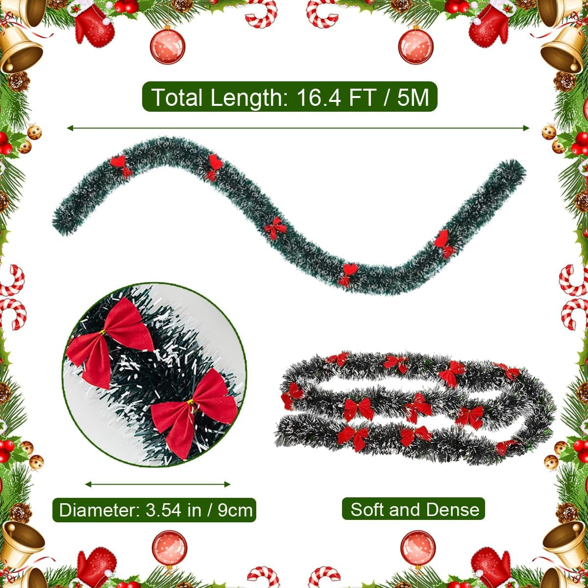 5M Christmas Tinsel Garland Christmas Tree Decorations Silver Foil Tinsel Garland Metallic Hanging Garland for New Year Party Holiday (Green W/Red Bow-16Ft (No Lights))