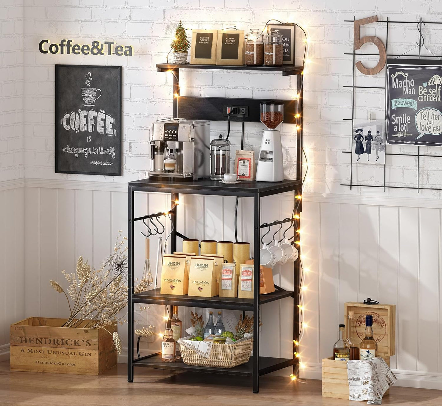 Professional Kitchen Bakers Rack with Power Outlet, Multi-Tier Coffee Bar Table, Microwave Stand with S-Shaped Hooks, and Storage Shelf for Spices, Pots, and Pans - Black