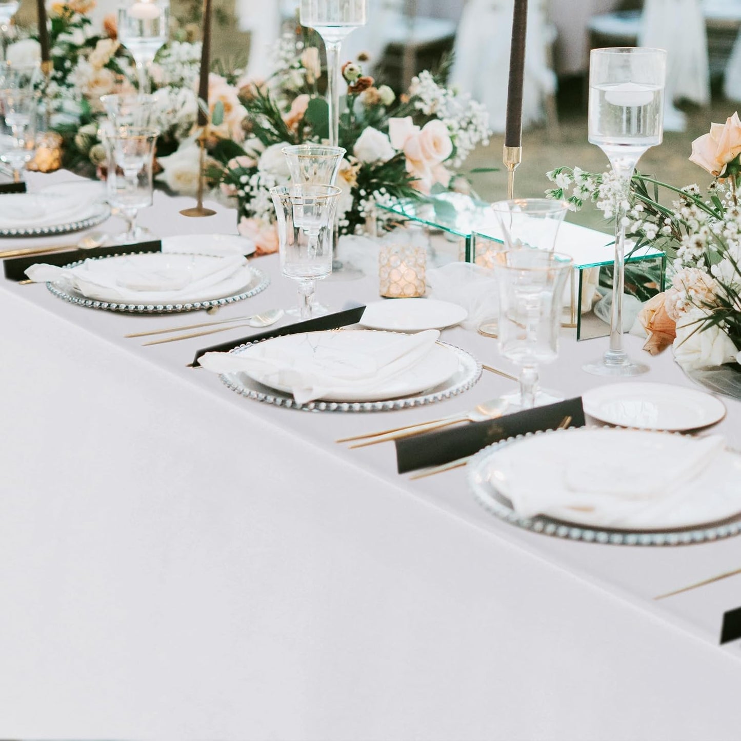 6-Pack White Rectangular Tablecloths - 70 x 120 Inches - Wrinkle and Stain Resistant Polyester Covers for Weddings, Parties, Banquets, and Formal Events