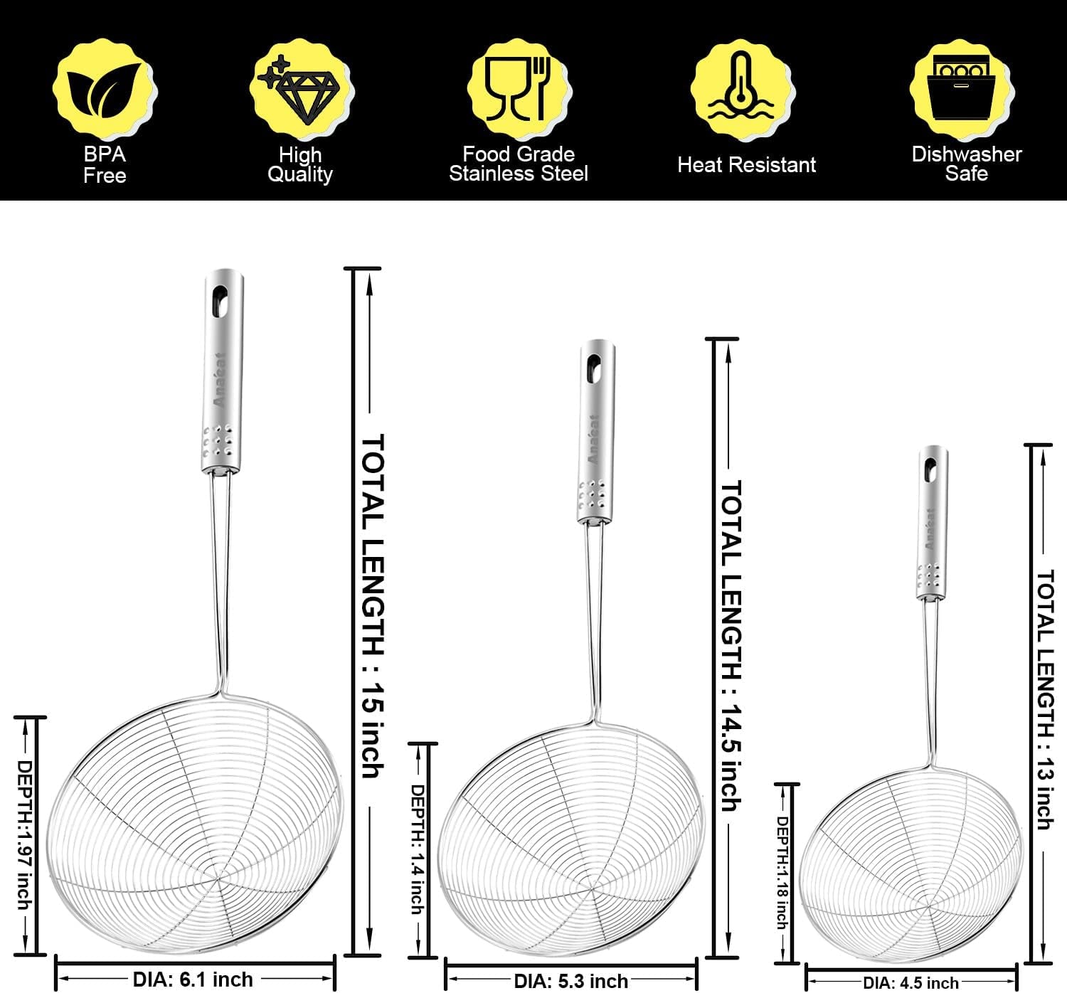 Stainless Steel Spider Skimmer, Set of 3 Professional Kitchen Pasta Strainer Spoon with Long Handle - Asian Strainer Ladle Wire Skimmer Spoons for Cooking and Frying (4.5"+5.3"+6.1")
