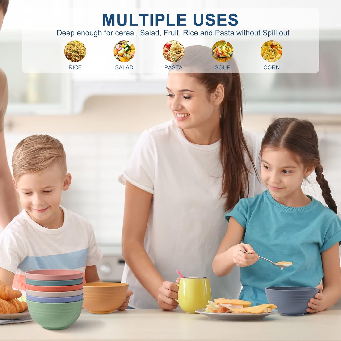BPA Free Unbreakable Wheat Straw Cereal Bowls - Microwave & Dishwasher Safe Soup and Salad Bowls, Set of 8, 26Oz, Multicolor
