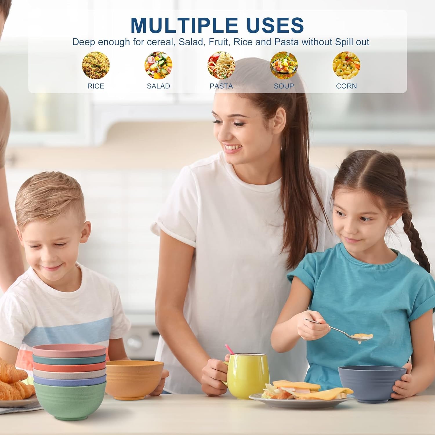 BPA Free Unbreakable Wheat Straw Cereal Bowls - Microwave & Dishwasher Safe Soup and Salad Bowls, Set of 8, 26Oz, Multicolor