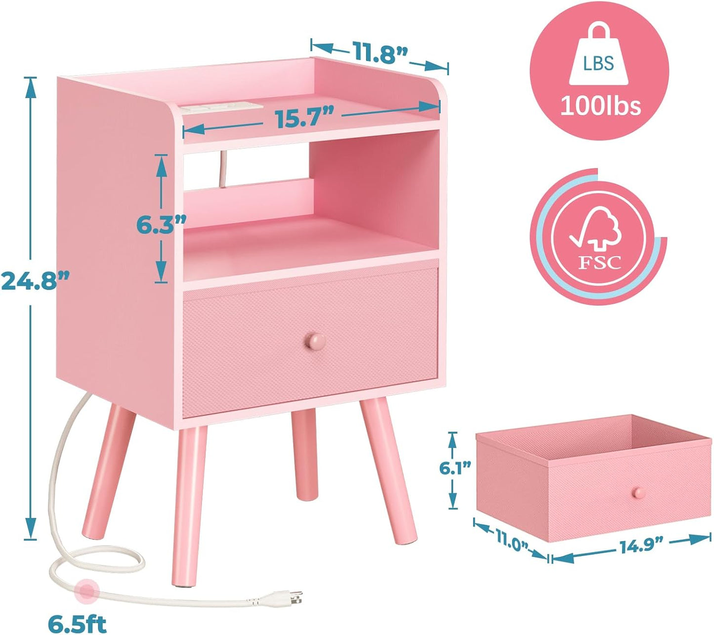 Nightstand with Charging Station, Modern Night Stand with LED Lights, Wood Nightstands with Fabric Drawer & Storage Shelf, Night Stands Bedside Table with USB Ports for Bedroom, Office, Home