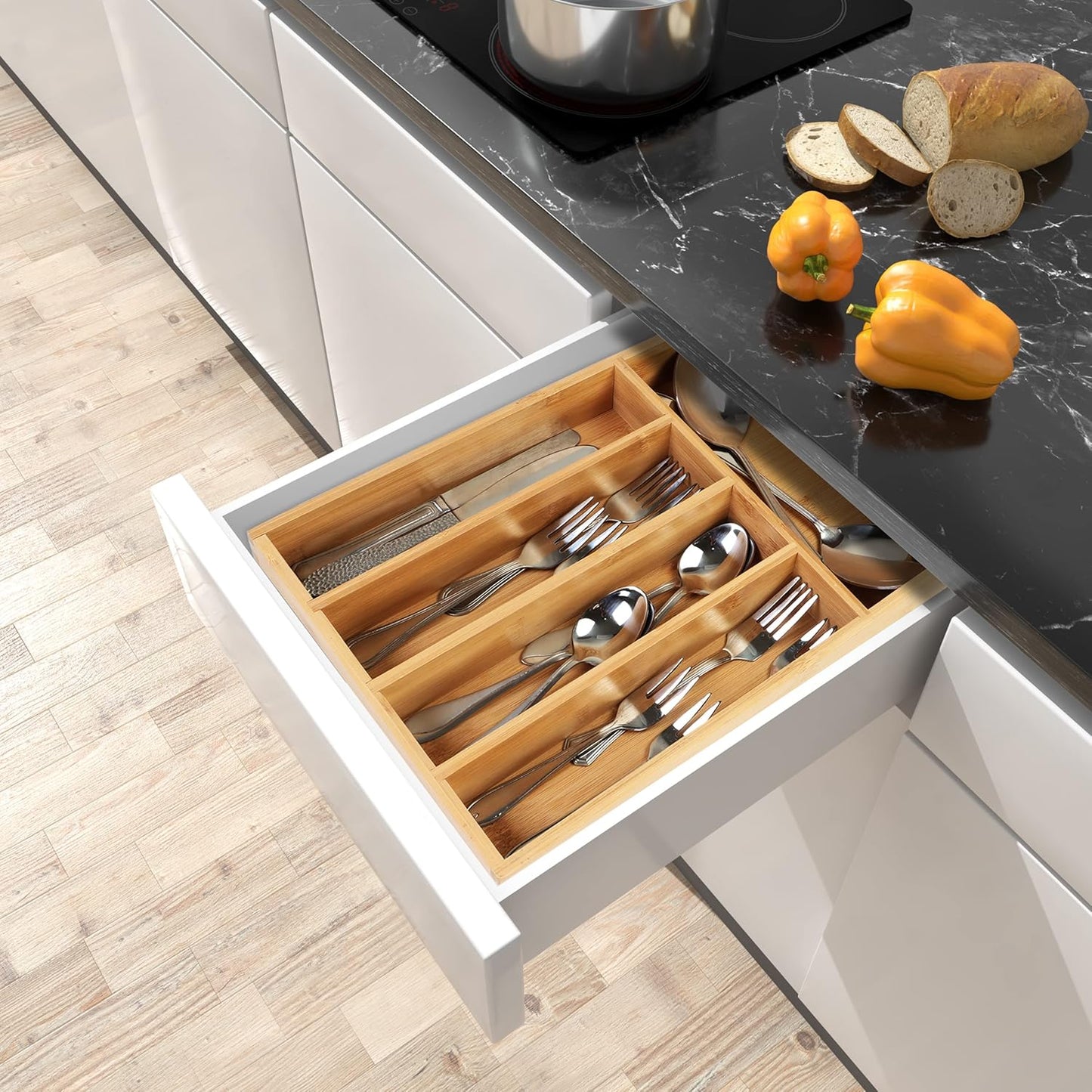 Silverware Organizer, Bamboo Utensil Drawer Organizer for Cutlery, Utensils & Flatware (5 Compartment, Natural) Pack of 1