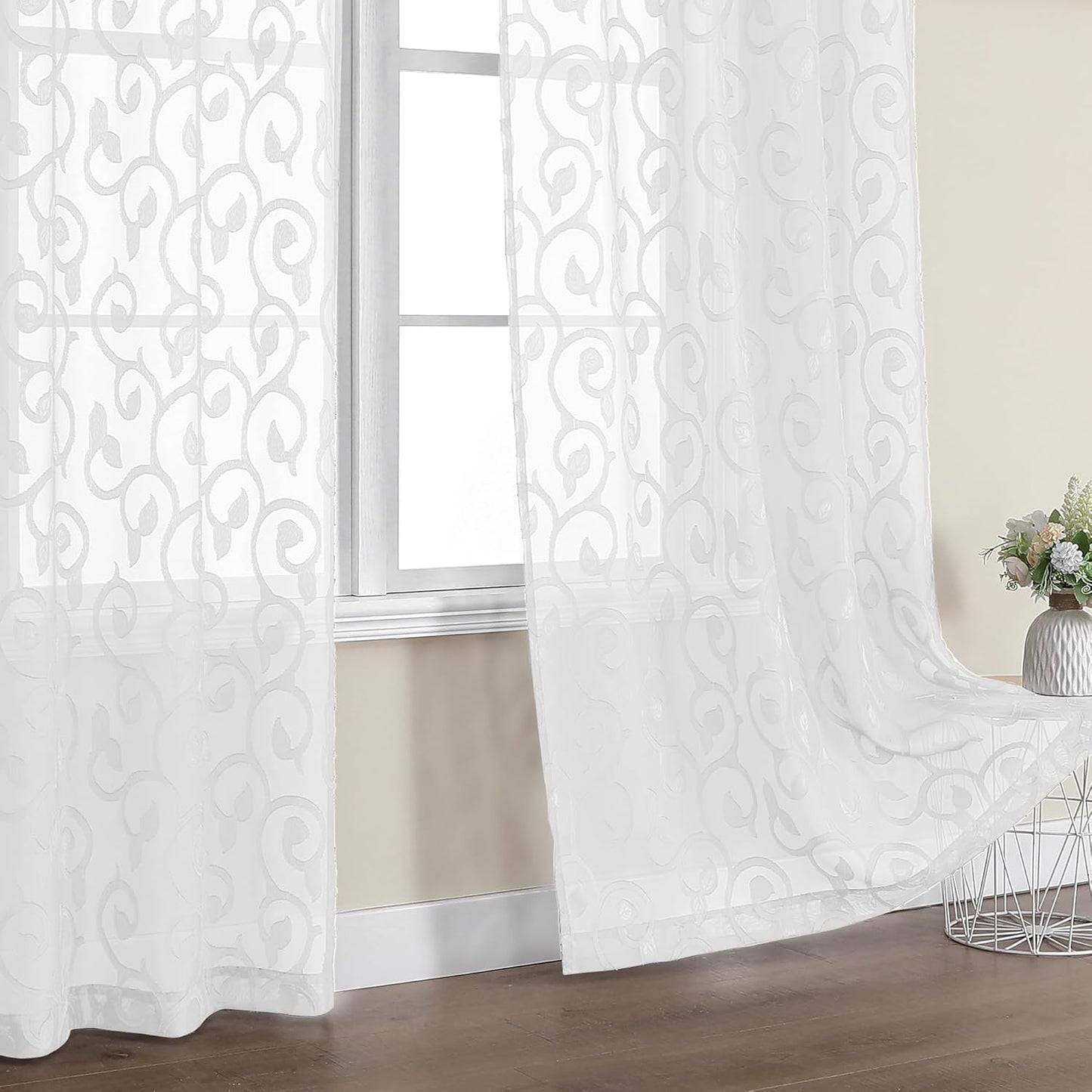 Furman Sheer White Curtains 45 Inch Length 2 Panels Set for Living Room Bedroom Bathroom Window, Airy Jacquard Clip Short Curtains for Small Window, 40Wx45L Inch