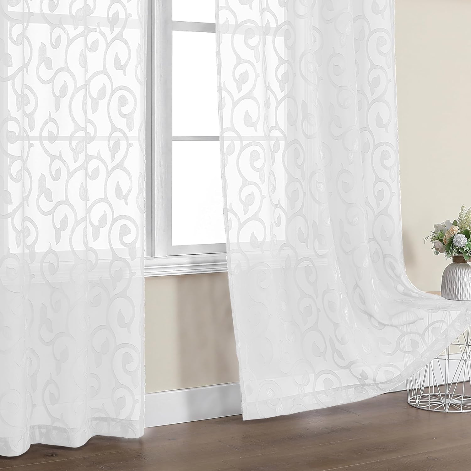 Furman Sheer White Curtains 45 Inch Length 2 Panels Set for Living Room Bedroom Bathroom Window, Airy Jacquard Clip Short Curtains for Small Window, 40Wx45L Inch
