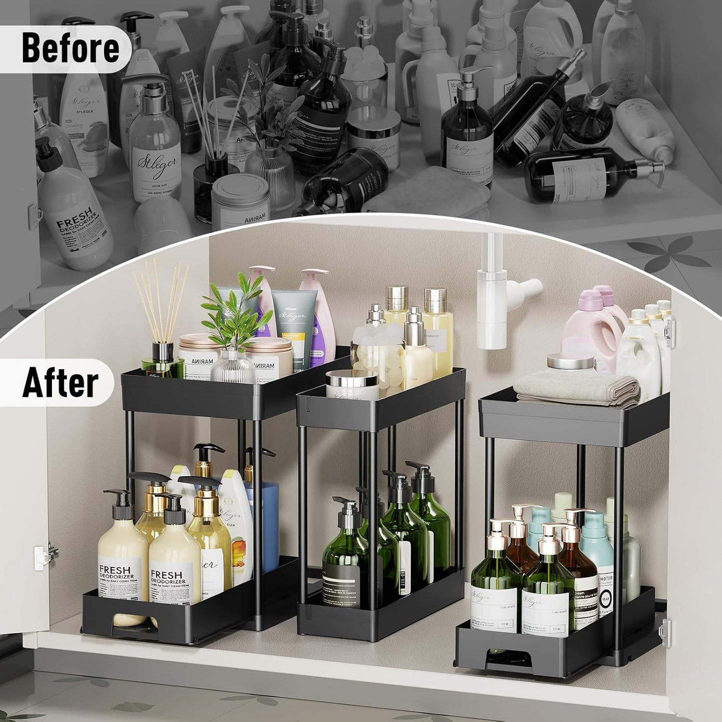 3 Pack under Sink Organizers and Storage, 2 Tier Black Bathroom Cabinet Organizer, Multi-Use Kitchen Bathroom Organizers and Storage, under Counter Organizer with Hooks