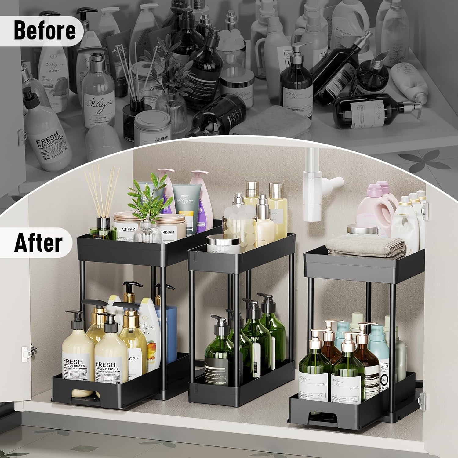 3 Pack under Sink Organizers and Storage, 2 Tier Black Bathroom Cabinet Organizer, Multi-Use Kitchen Bathroom Organizers and Storage, under Counter Organizer with Hooks