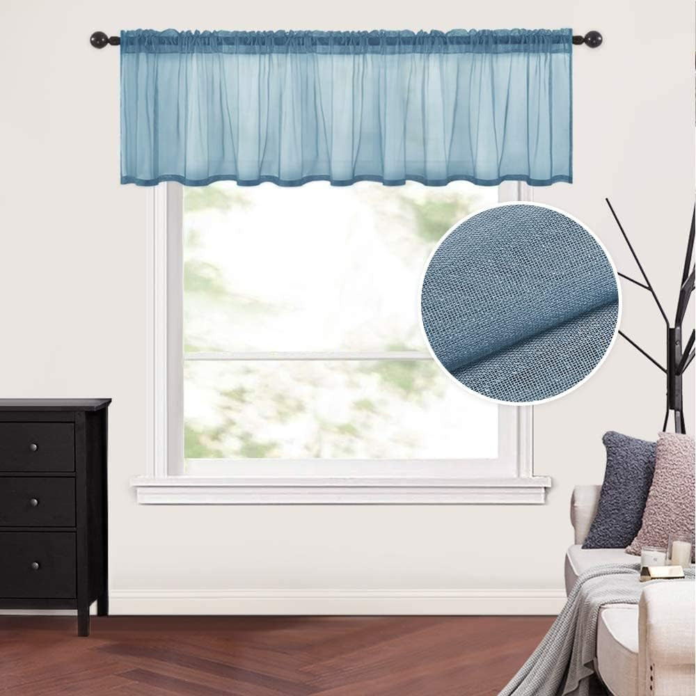 Solid Sheer Dusty Blue Valance Kitchen Linen Look Window Curtain,Living Room Windows Voile Valance Rod Pocket 1 Panels (60" W X 18" L)